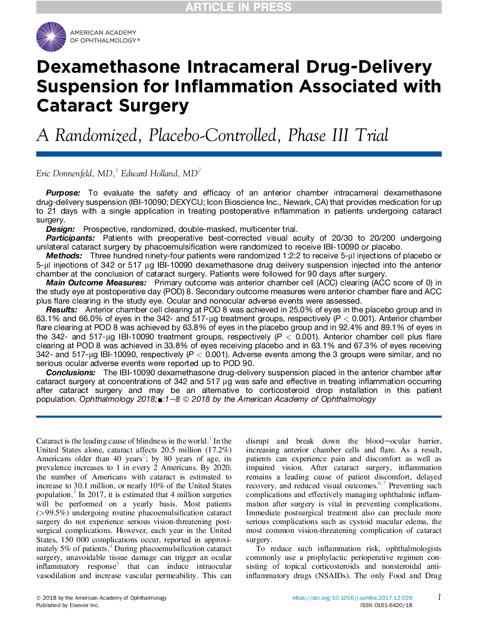 Dexamethasone Intracameral Drug-Delivery Suspension for Inflammation Associated with Cataract Surgery