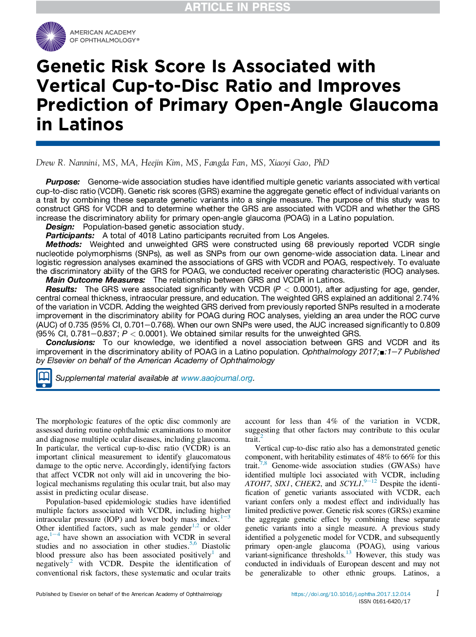 Genetic Risk Score Is Associated with Vertical Cup-to-Disc Ratio and Improves Prediction of Primary Open-Angle Glaucoma in Latinos