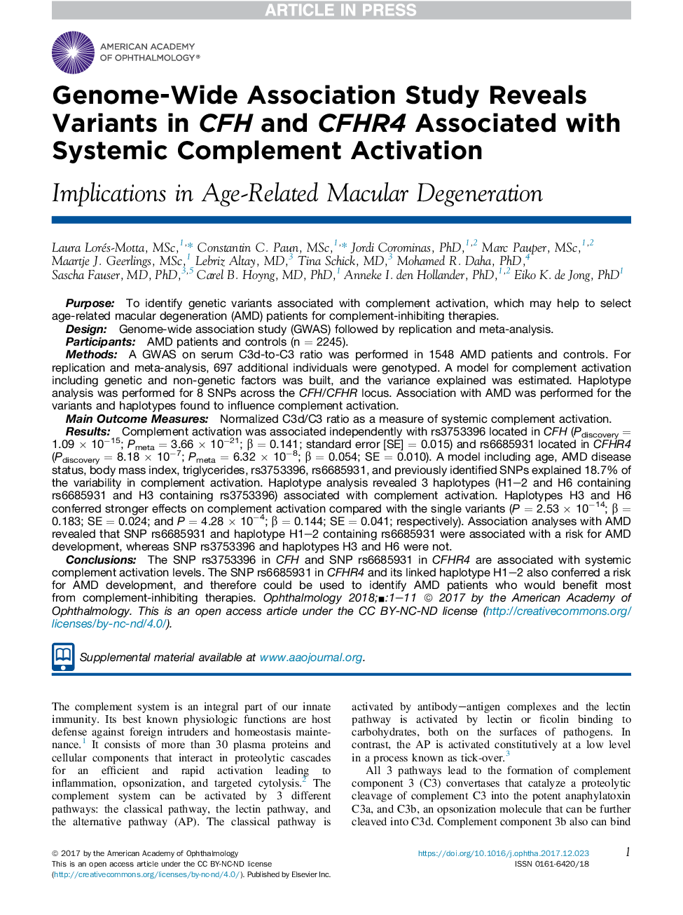 Genome-Wide Association Study Reveals Variants in CFH and CFHR4 Associated with Systemic Complement Activation