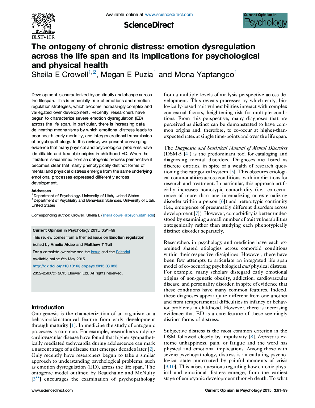 The ontogeny of chronic distress: emotion dysregulation across the life span and its implications for psychological and physical health