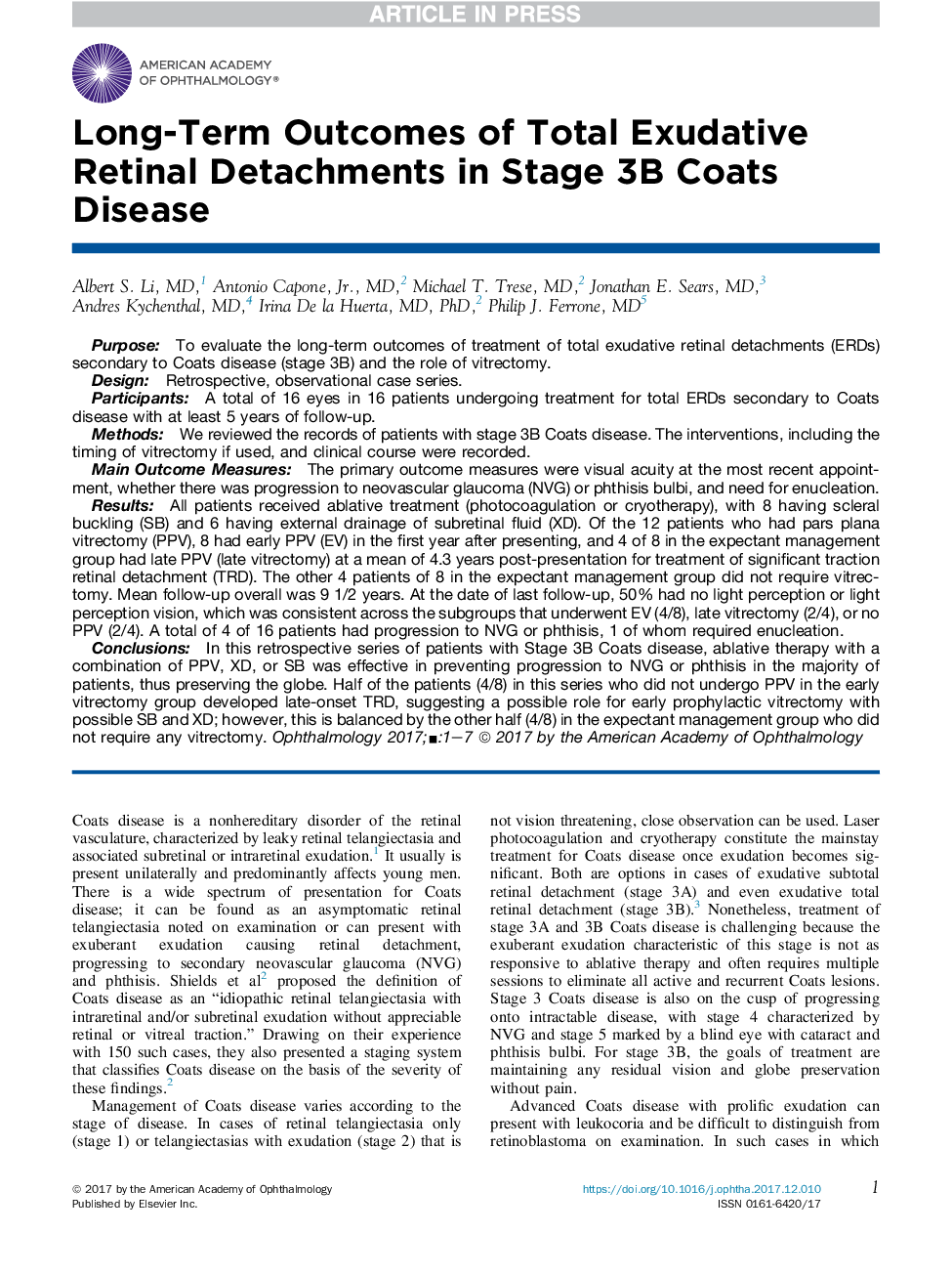 Long-Term Outcomes of Total Exudative Retinal Detachments in Stage 3B Coats Disease