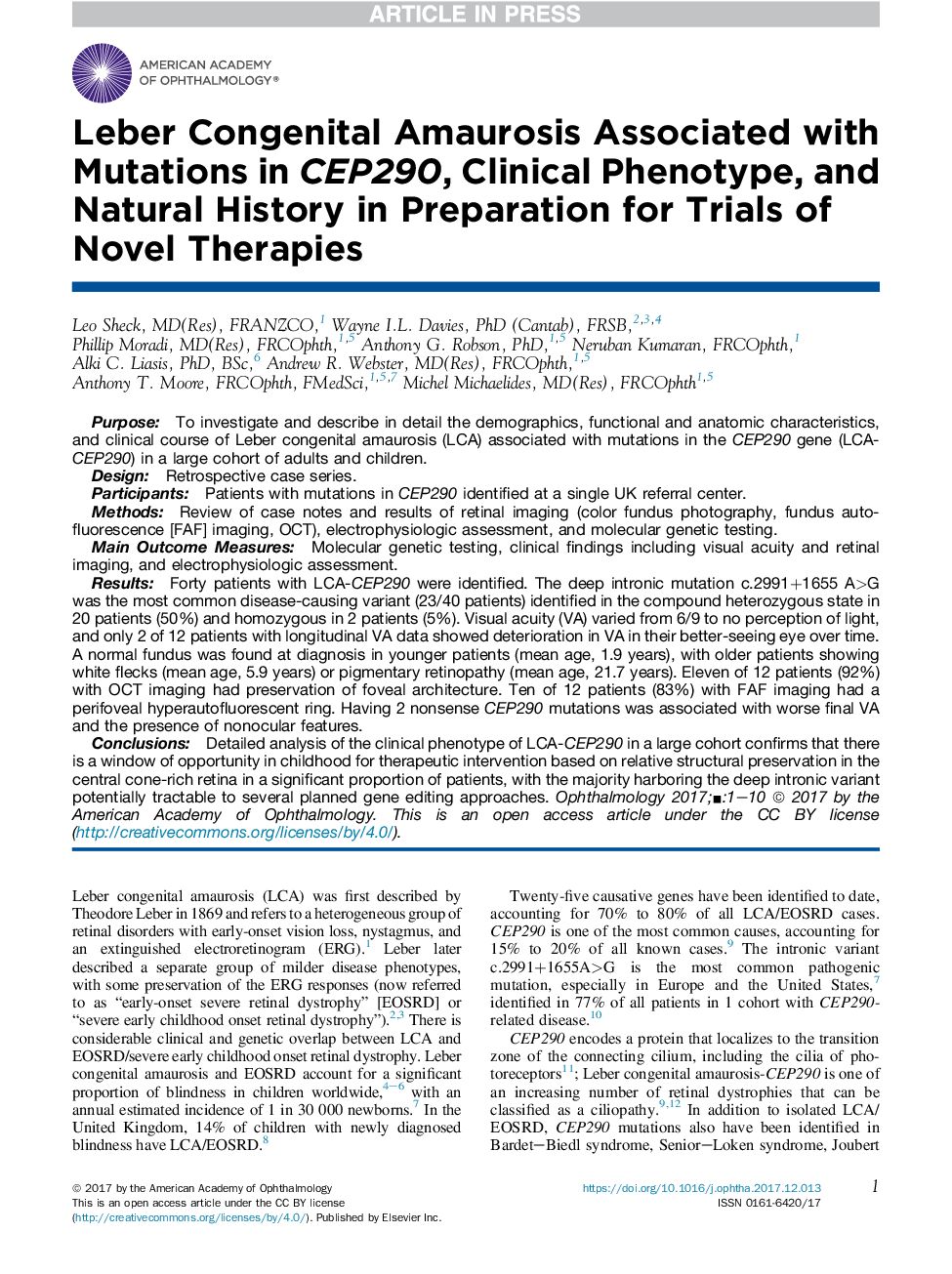عکس صفحه اول مقاله: Leber Congenital Amaurosis Associated with Mutations in CEP290, Clinical Phenotype, and Natural History in Preparation for Trials of Novel Therapies Leber Congenital Amaurosis Associated with Mutations in CEP290, Clinical Phenotype, and Natural History in Preparation for Trials of Novel Therapies