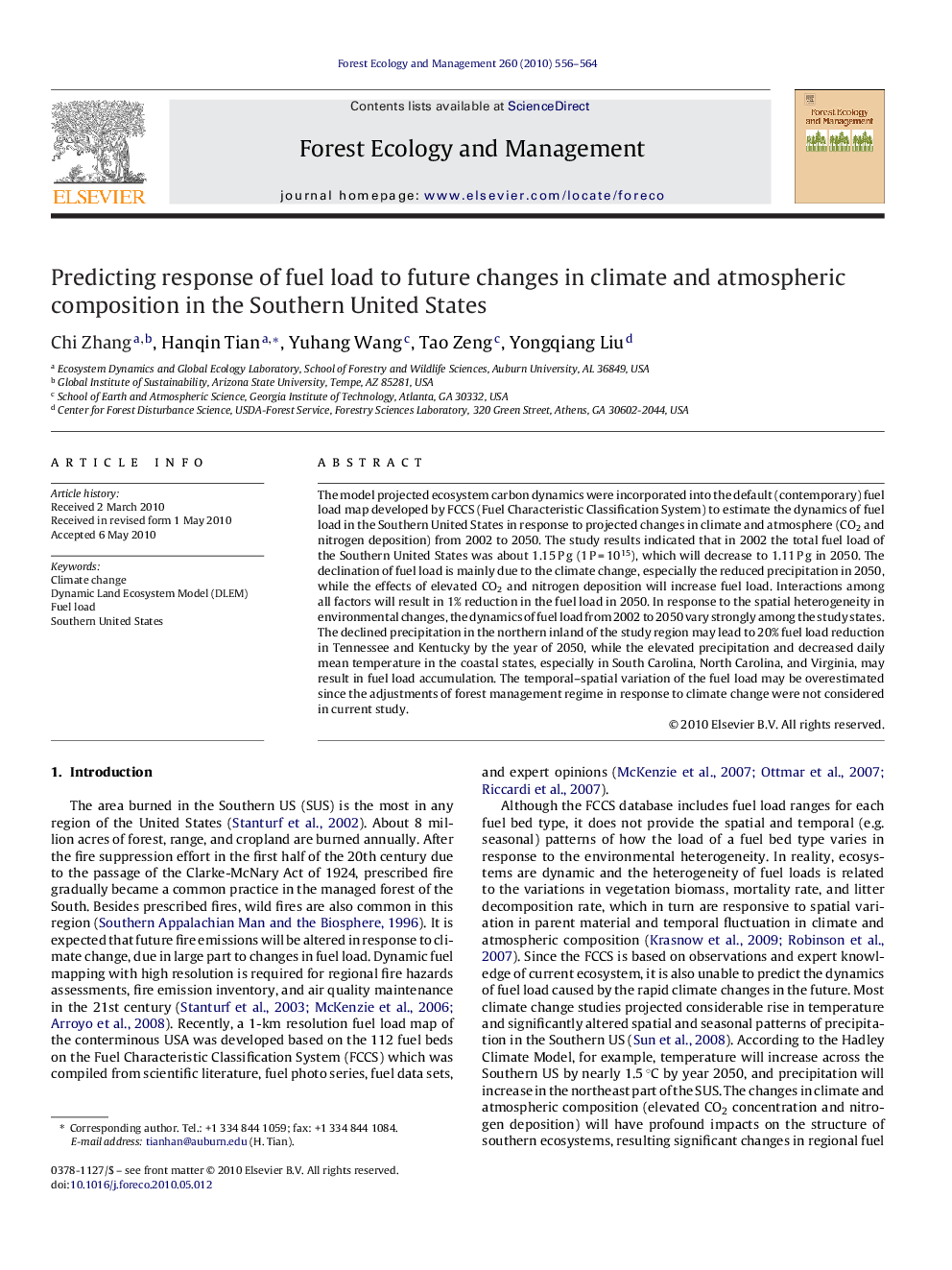 Predicting response of fuel load to future changes in climate and atmospheric composition in the Southern United States