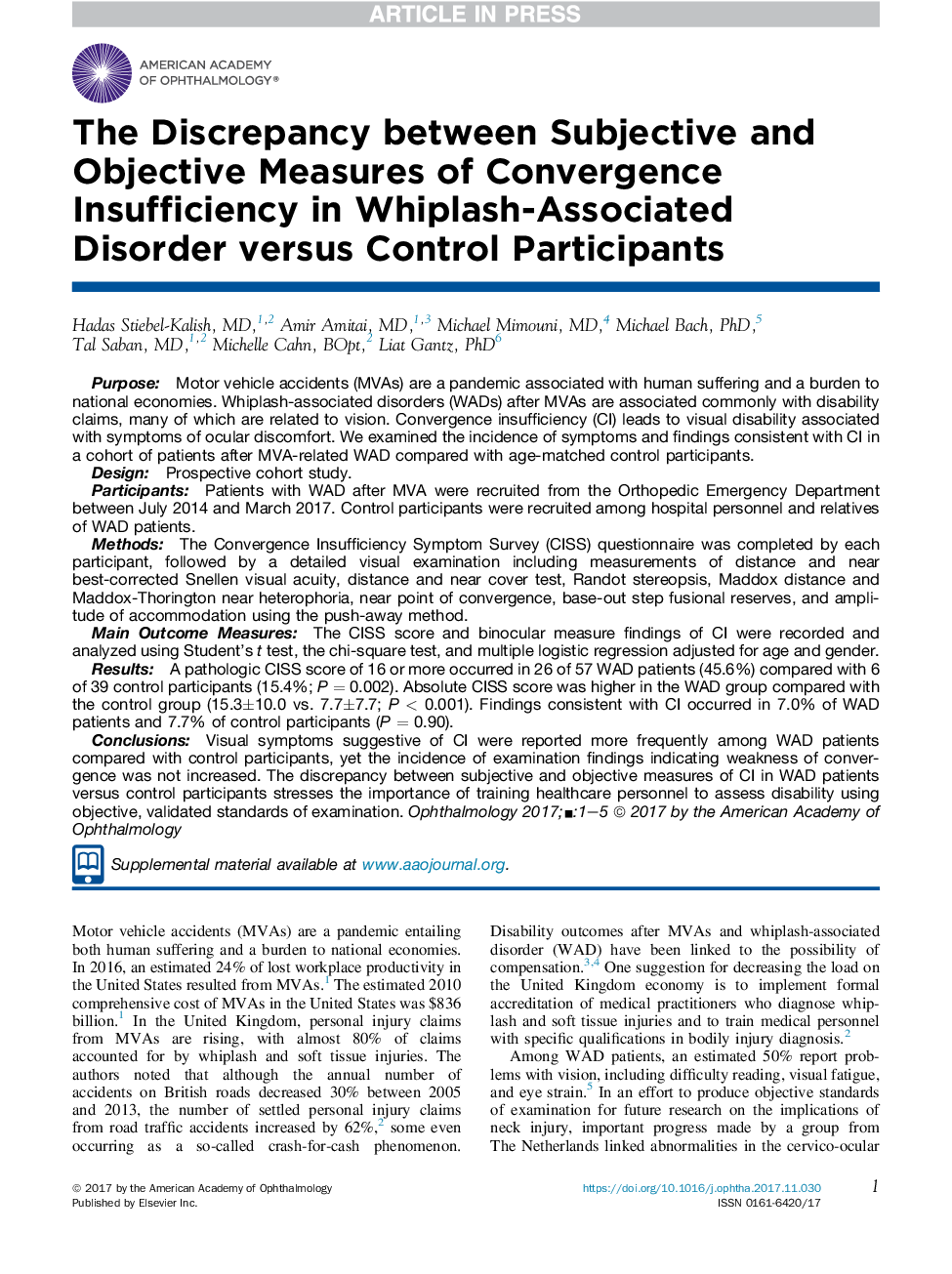 The Discrepancy between Subjective and Objective Measures of Convergence Insufficiency in Whiplash-Associated Disorder versus Control Participants