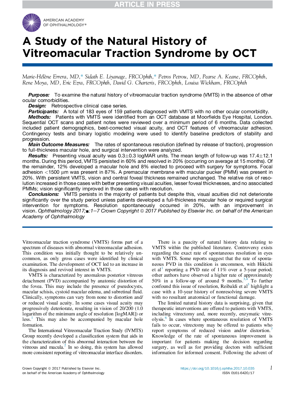 A Study of the Natural History of Vitreomacular Traction Syndrome by OCT