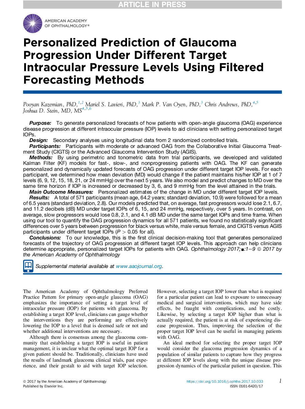 پیش بینی شخصی پیشرفت گلوکوم در سطوح مختلف فشار داخل دریایی هدف با استفاده از روش های پیش بینی شده فیلتر شده 