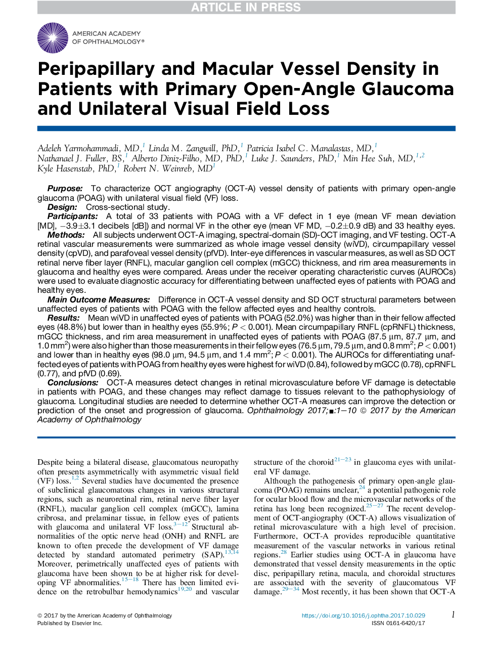 Peripapillary and Macular Vessel Density in Patients with Primary Open-Angle Glaucoma and Unilateral Visual Field Loss