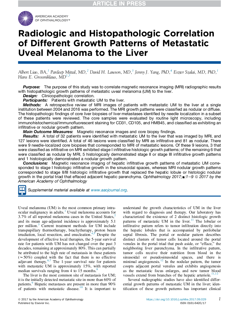 Radiologic and Histopathologic Correlation of Different Growth Patterns of Metastatic Uveal Melanoma to the Liver