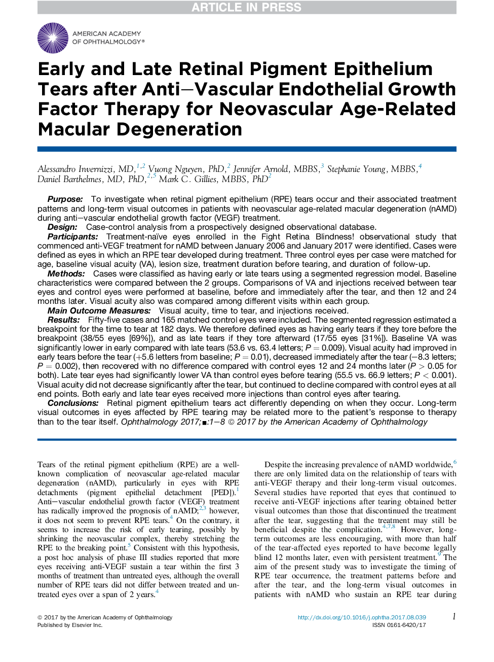 Early and Late Retinal Pigment Epithelium Tears after Anti-Vascular Endothelial Growth Factor Therapy for Neovascular Age-Related Macular Degeneration