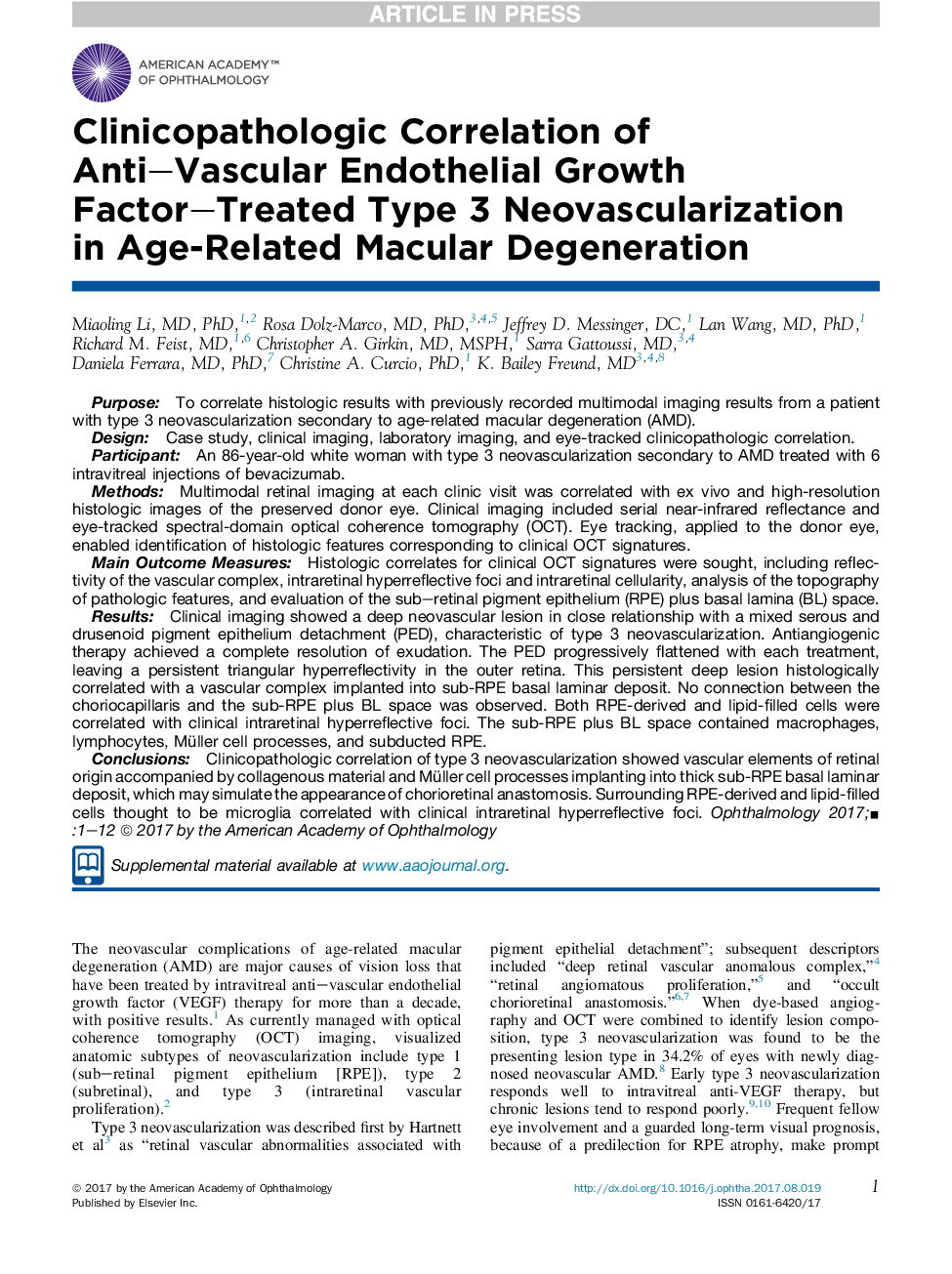 Clinicopathologic Correlation of Anti-Vascular Endothelial Growth Factor-Treated Type 3 Neovascularization inÂ Age-Related Macular Degeneration