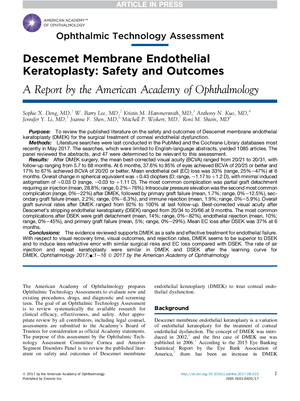 Descemet Membrane Endothelial Keratoplasty: Safety and Outcomes