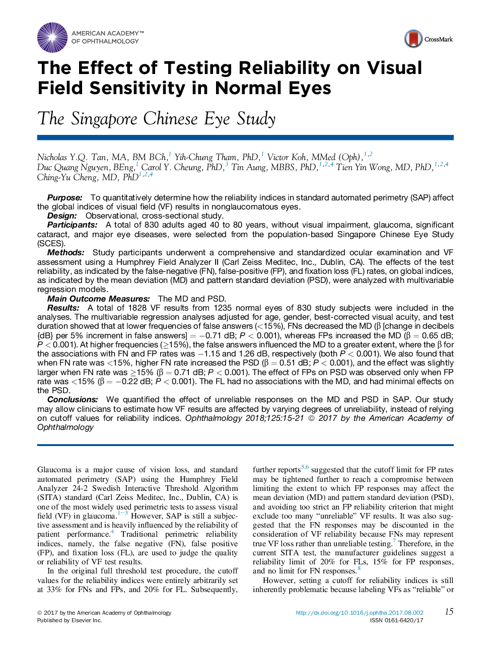 The Effect of Testing Reliability on Visual Field Sensitivity in Normal Eyes