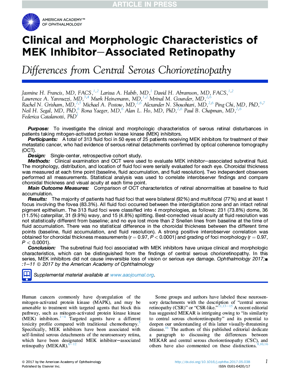 Clinical and Morphologic Characteristics of MEK Inhibitor-Associated Retinopathy