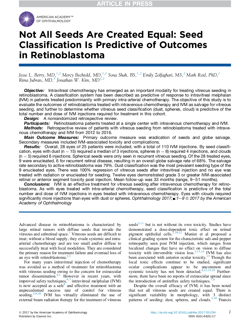 Not All Seeds Are Created Equal: Seed Classification Is Predictive of Outcomes inÂ Retinoblastoma