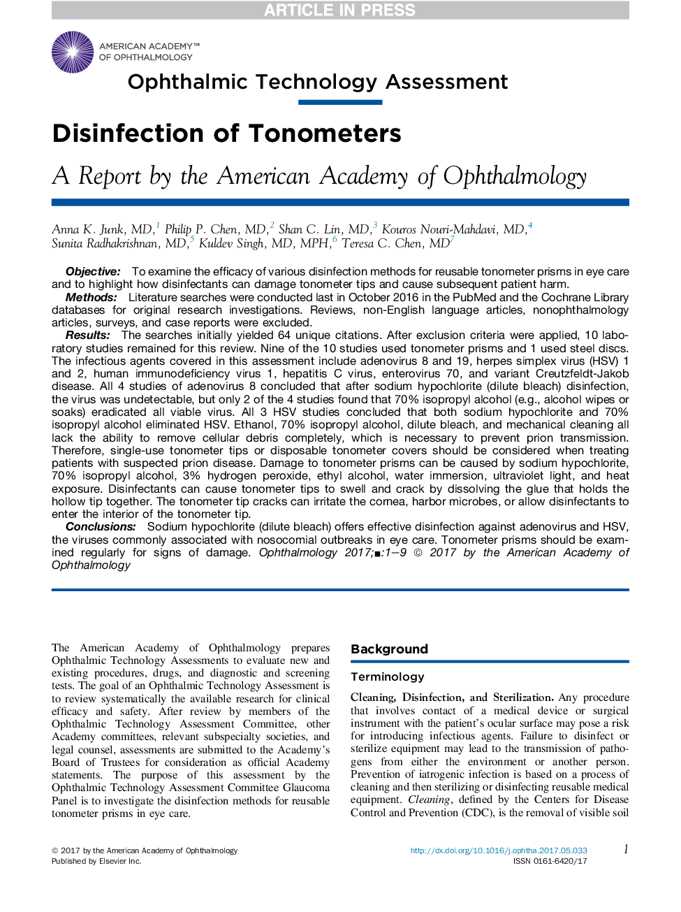 Disinfection of Tonometers