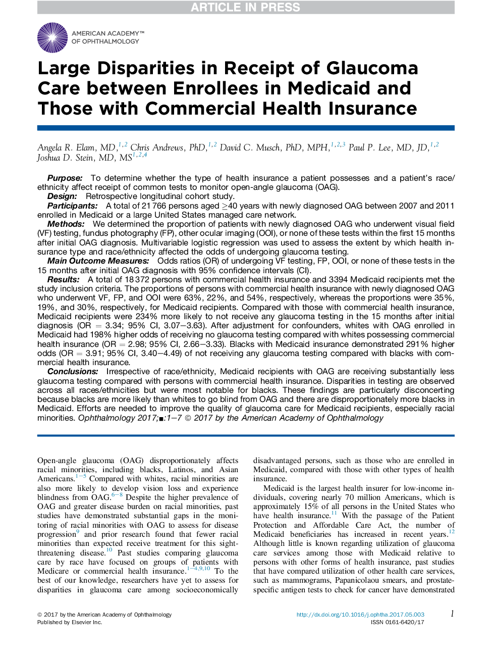 Large Disparities in Receipt of Glaucoma Care between Enrollees in Medicaid and Those with Commercial Health Insurance