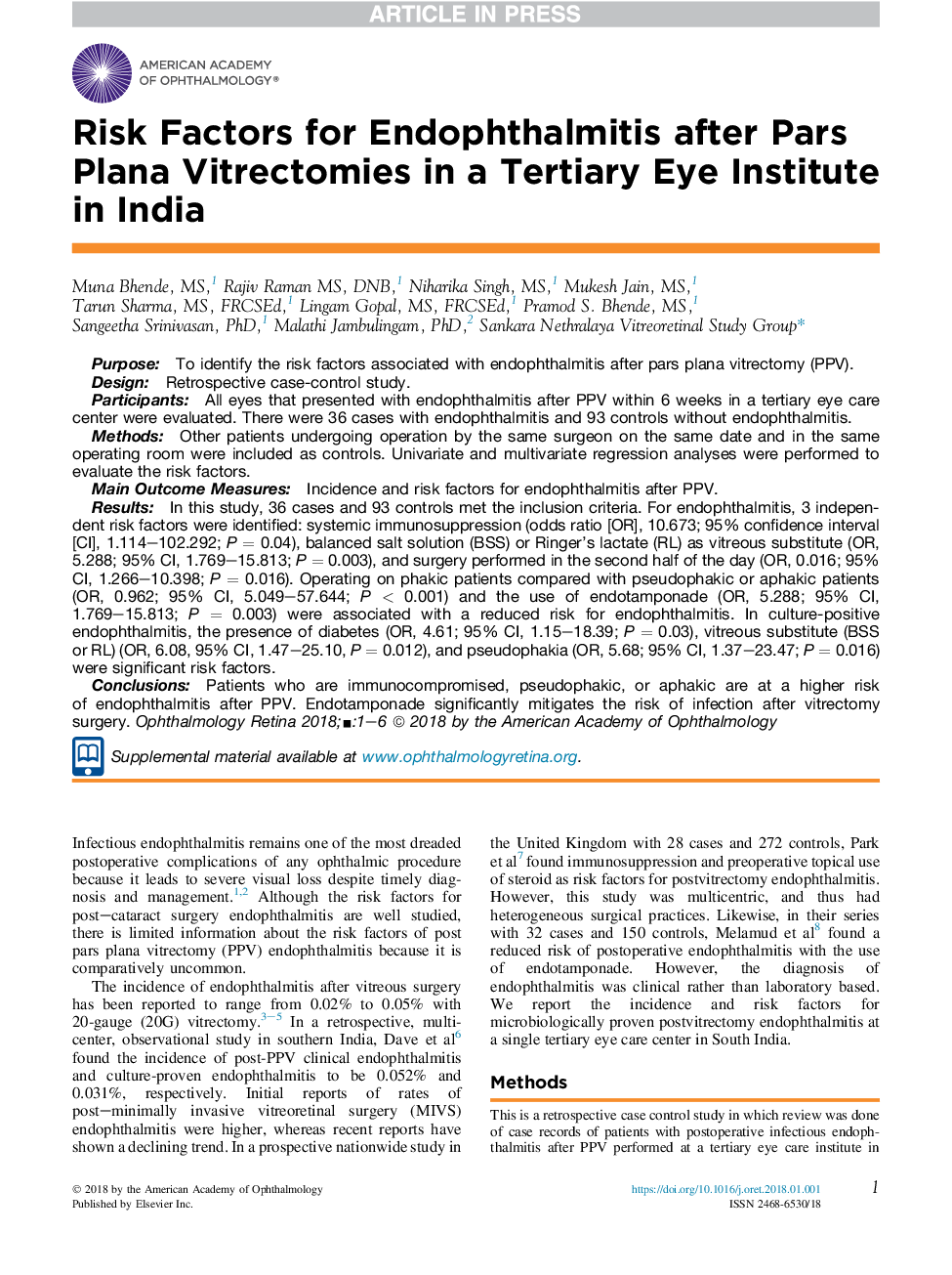 Risk Factors for Endophthalmitis after Pars Plana Vitrectomies in a Tertiary Eye Institute in India