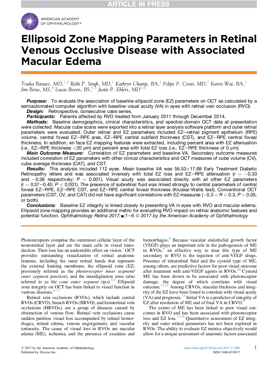 Ellipsoid Zone Mapping Parameters in Retinal Venous Occlusive Disease with Associated Macular Edema