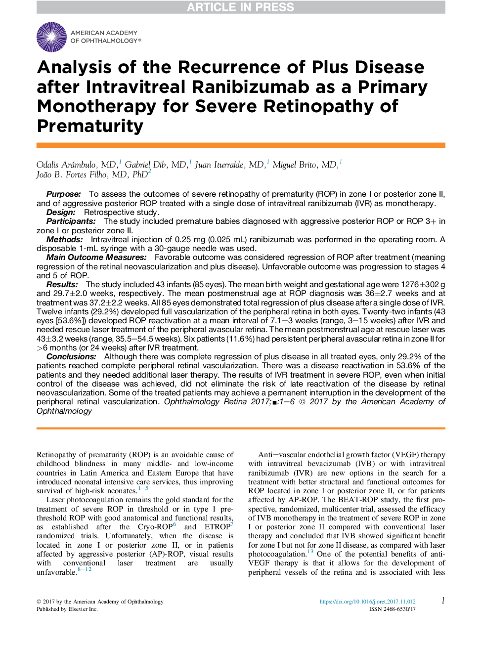 Analysis of the Recurrence of Plus Disease after Intravitreal Ranibizumab as a Primary Monotherapy for Severe Retinopathy of Prematurity