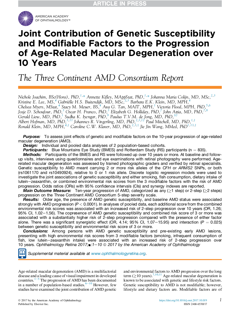 مشارکت مشترک حساسیت ژنتیکی و عوامل قابل اصلاح در پیشرفت دژنراسیون ماکولا در سنین بیش از 10 سال 