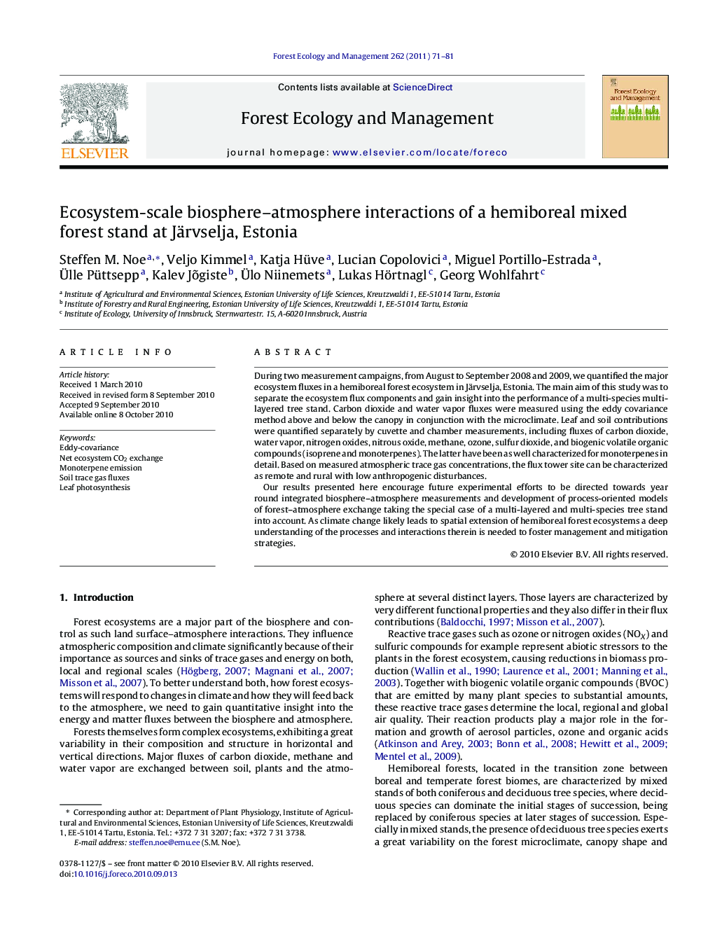 Ecosystem-scale biosphere–atmosphere interactions of a hemiboreal mixed forest stand at Järvselja, Estonia