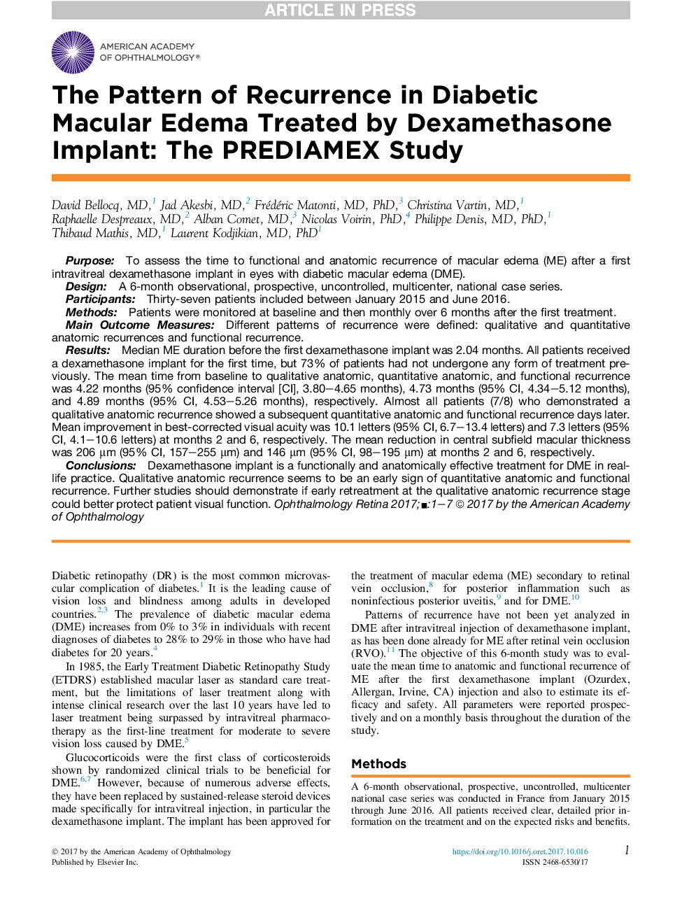 The Pattern of Recurrence in Diabetic Macular Edema Treated by Dexamethasone Implant: The PREDIAMEX Study