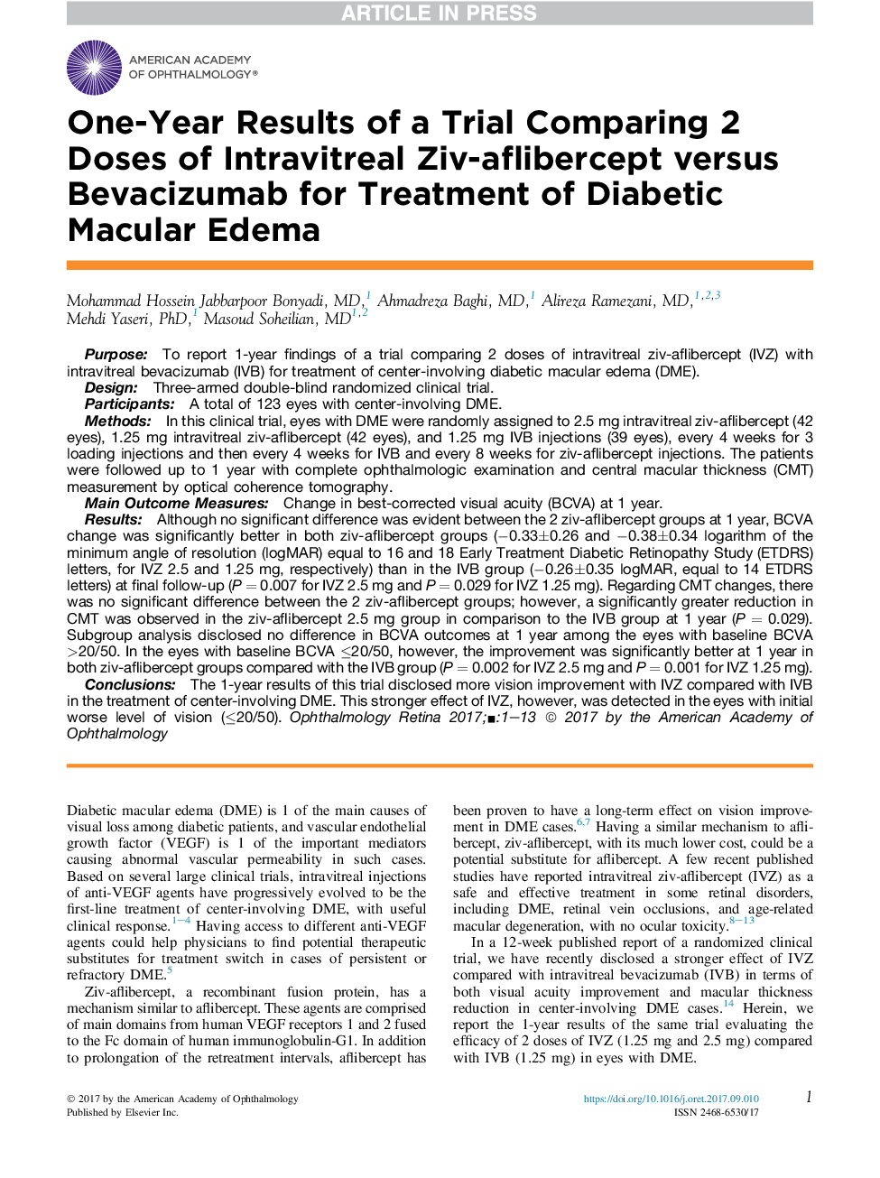 One-Year Results of a Trial Comparing 2 Doses of Intravitreal Ziv-aflibercept versus Bevacizumab for Treatment of Diabetic Macular Edema