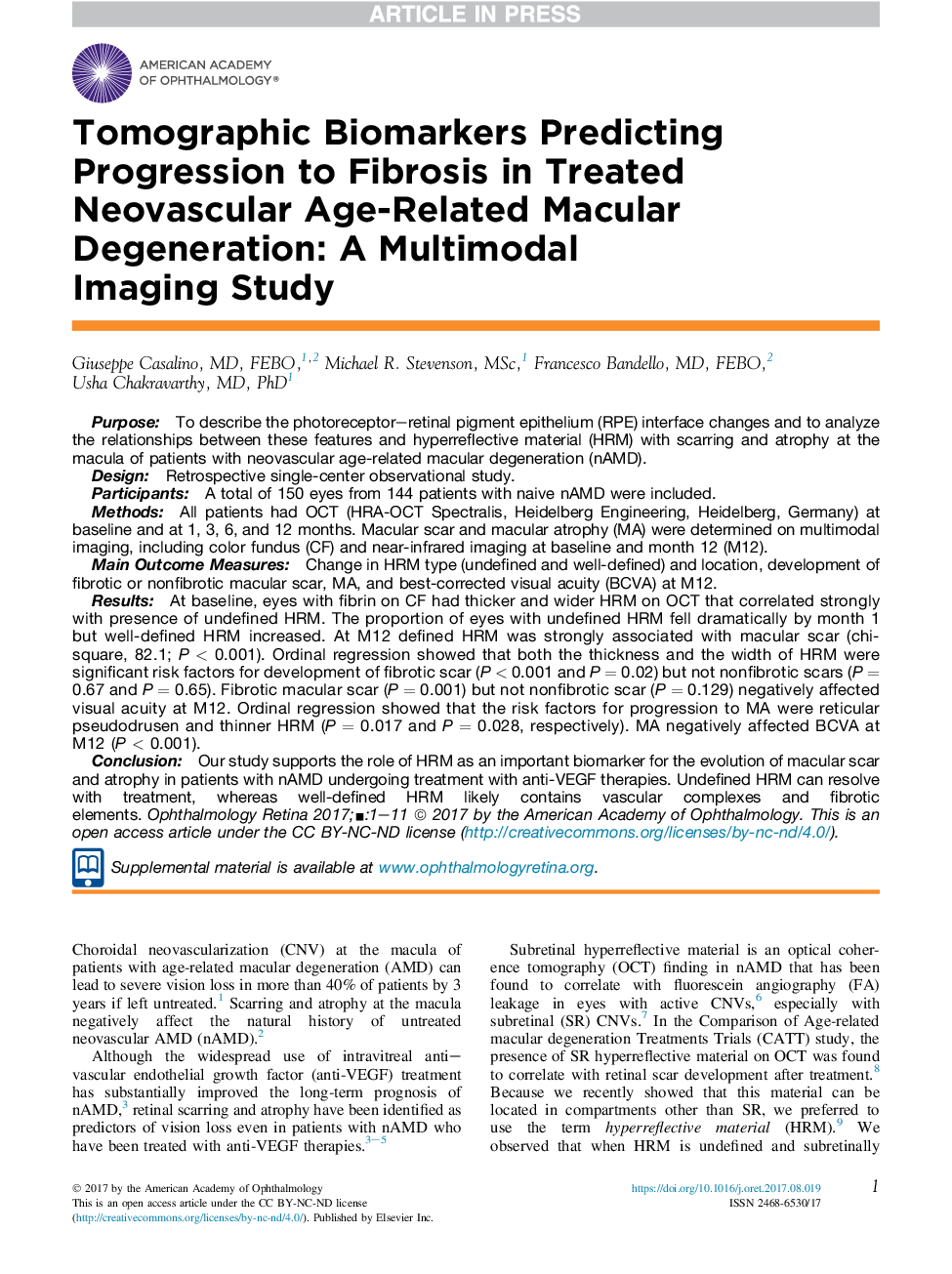 Tomographic Biomarkers Predicting Progression to Fibrosis in Treated Neovascular Age-Related Macular Degeneration: A Multimodal Imaging Study