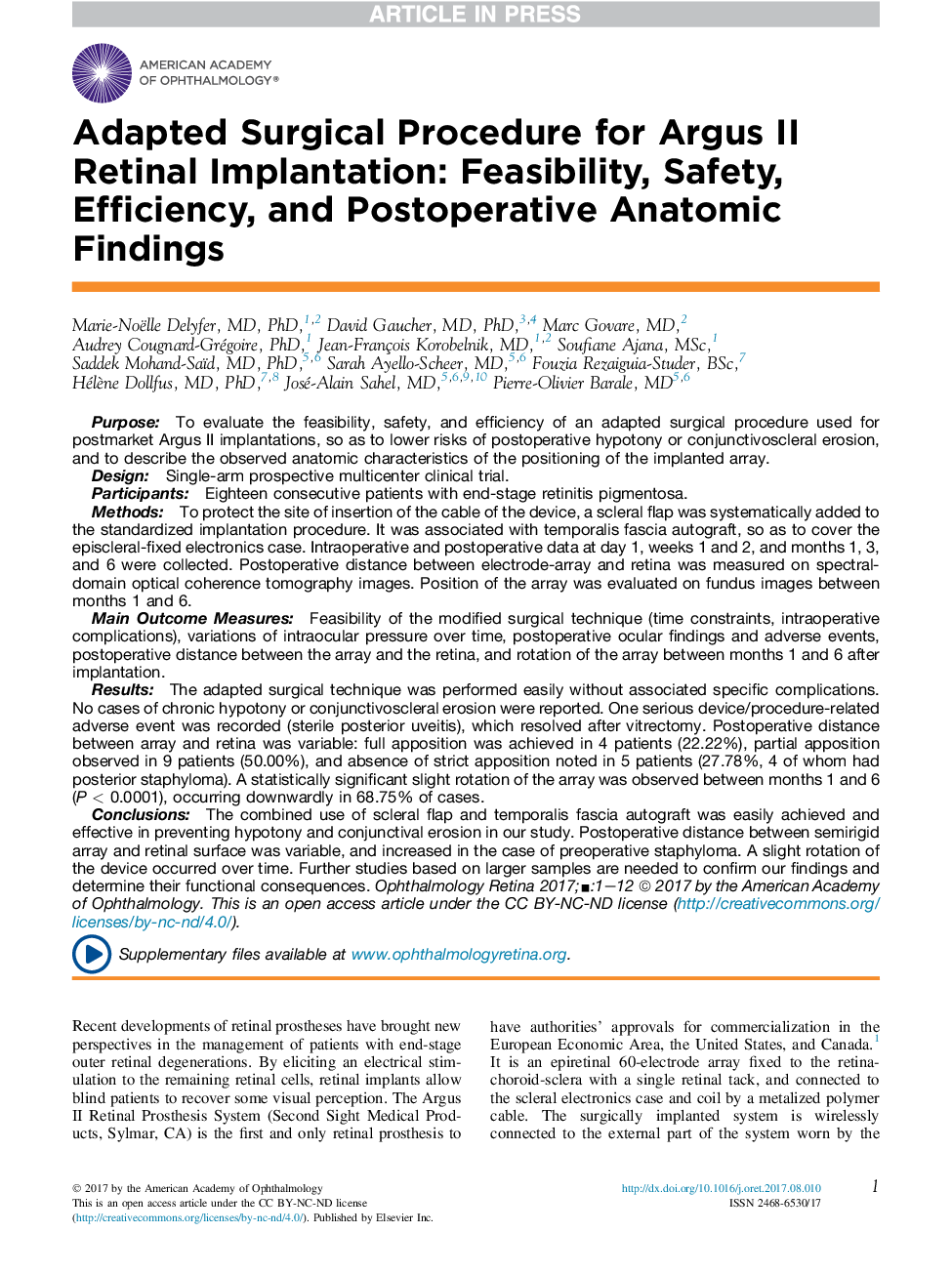 Adapted Surgical Procedure for Argus II Retinal Implantation: Feasibility, Safety, Efficiency, and Postoperative Anatomic Findings