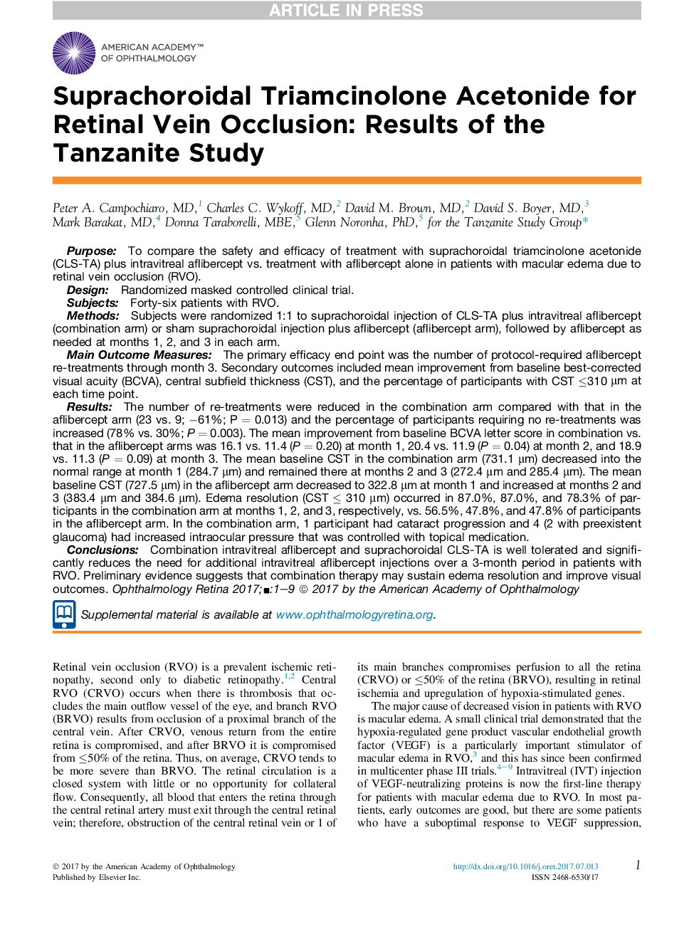 Suprachoroidal Triamcinolone Acetonide for Retinal Vein Occlusion: Results of the Tanzanite Study