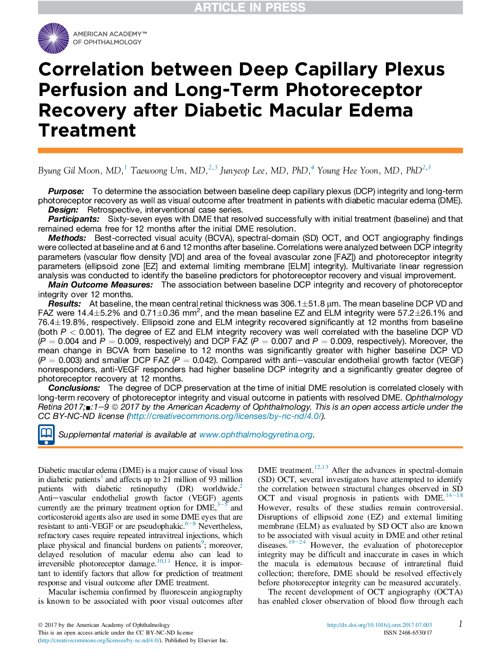 همبستگی بین تفکیک پوسیدگی کلیوی عمیق و بهبود فوری گیرنده طولانی مدت پس از درمان ادم مایع دیابتی 