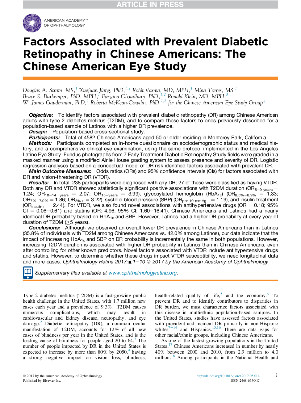 عوامل مرتبط با رتینوپاتی غالب دیابتی در آمریکایی های چینی: مطالعه چشم چینی آمریکایی 