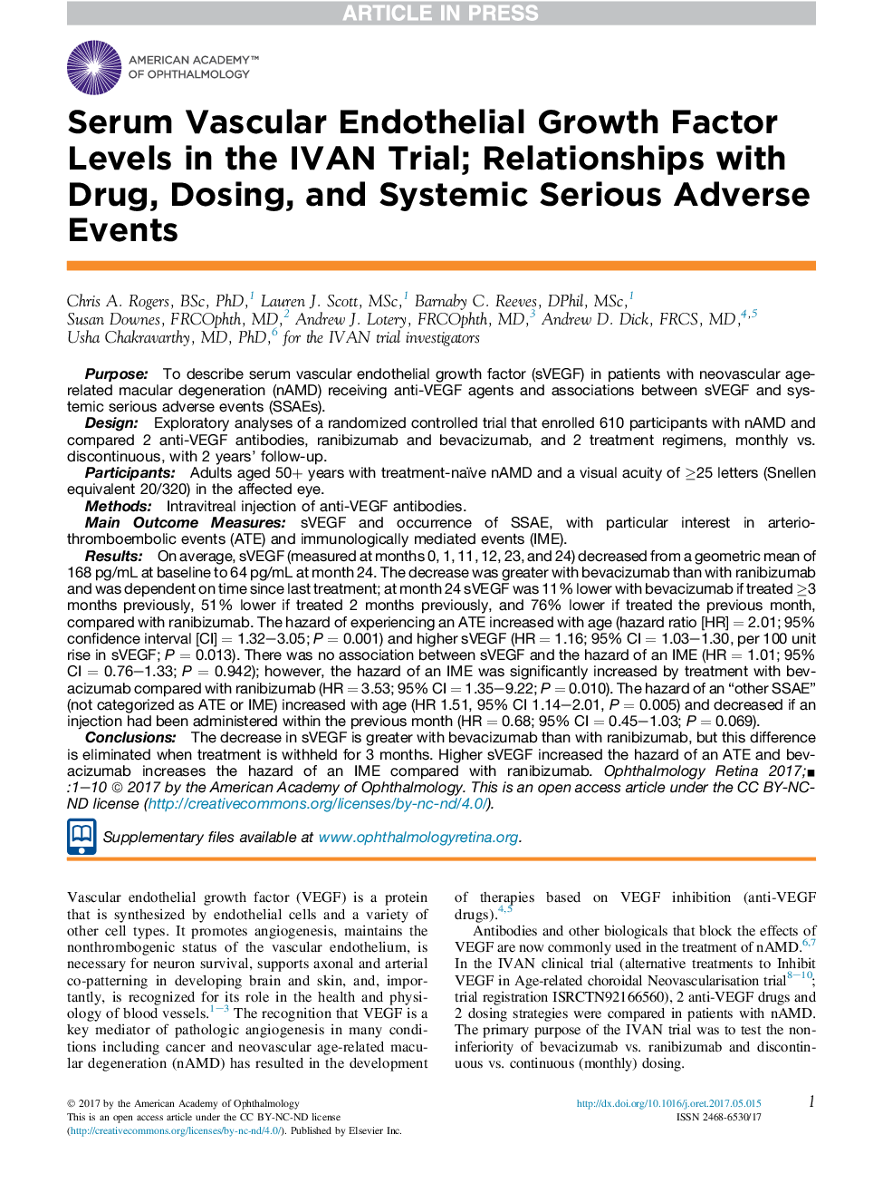 Serum Vascular Endothelial Growth Factor Levels in the IVAN Trial; Relationships with Drug, Dosing, and Systemic Serious Adverse Events