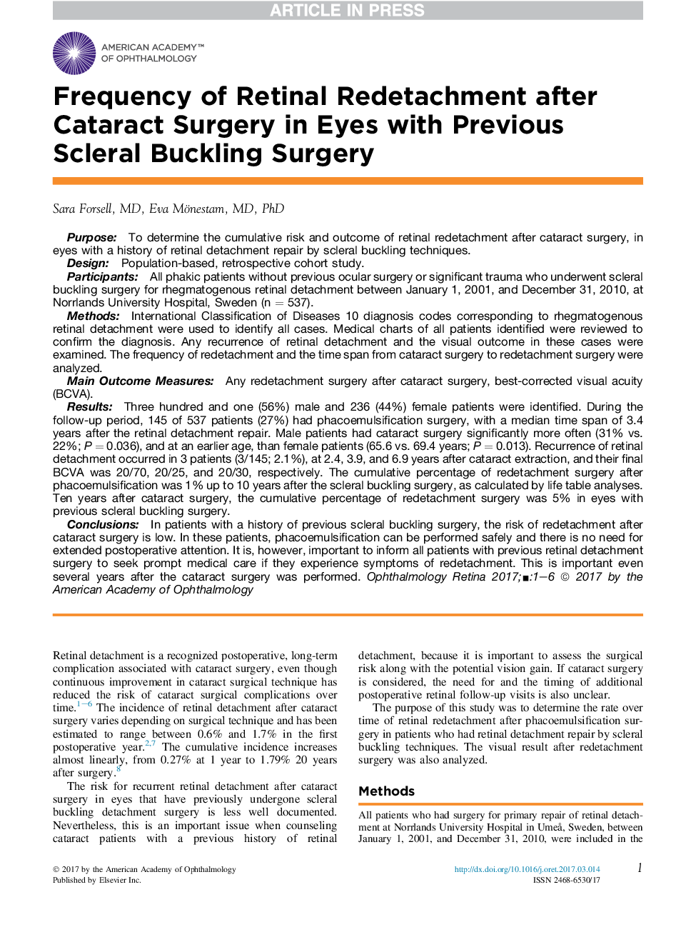 Frequency of Retinal Redetachment after Cataract Surgery in Eyes with Previous Scleral Buckling Surgery