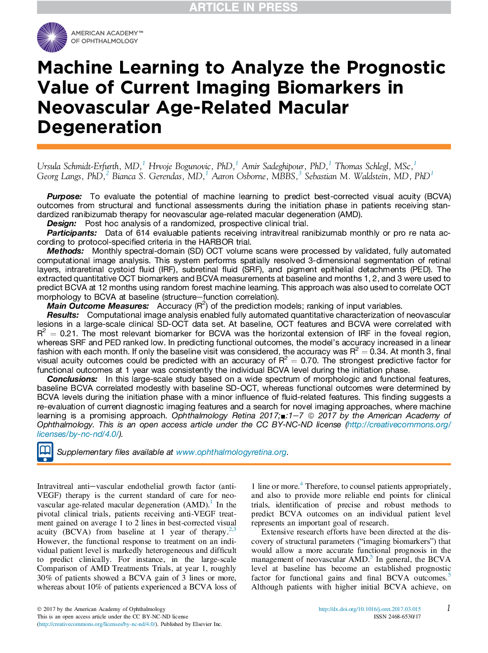 Machine Learning to Analyze the Prognostic Value of Current Imaging Biomarkers in Neovascular Age-Related Macular Degeneration