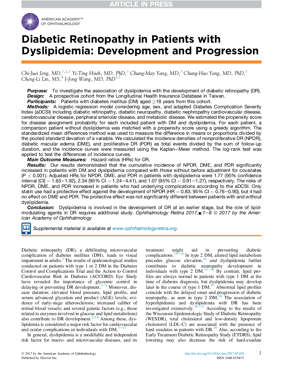 Diabetic Retinopathy in Patients with Dyslipidemia: Development and Progression