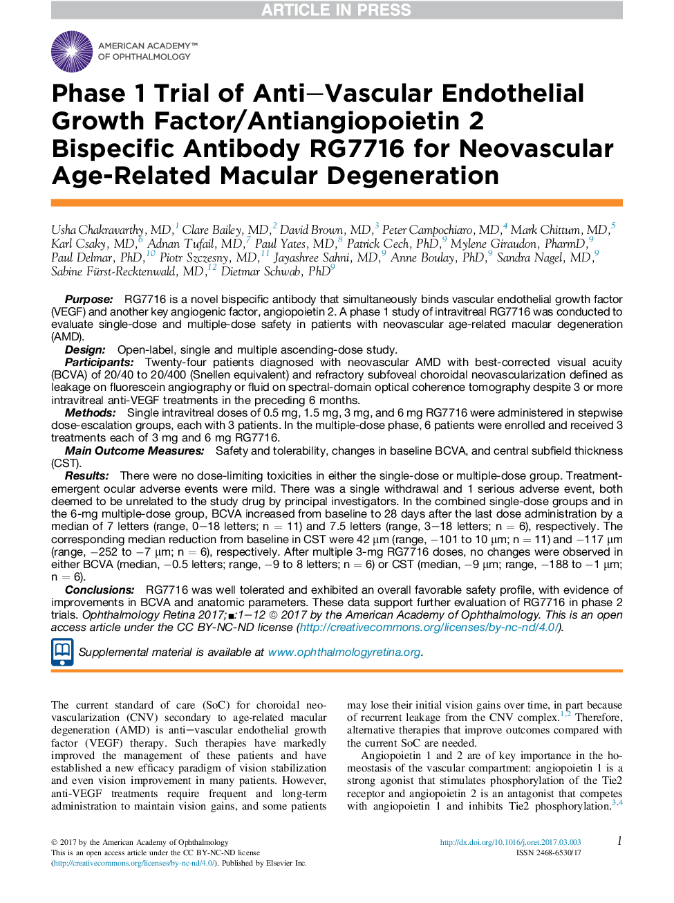 Phase I Trial of Anti-Vascular Endothelial Growth Factor/Anti-angiopoietin 2 Bispecific Antibody RG7716 for Neovascular Age-Related Macular Degeneration