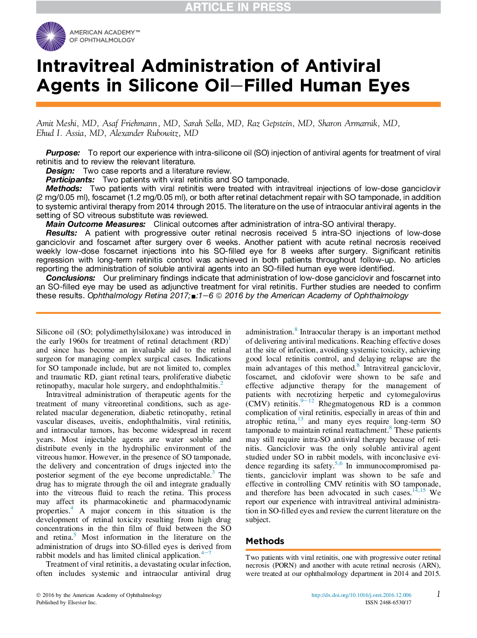 Intravitreal Administration of Antiviral Agents in Silicone Oil-Filled Human Eyes