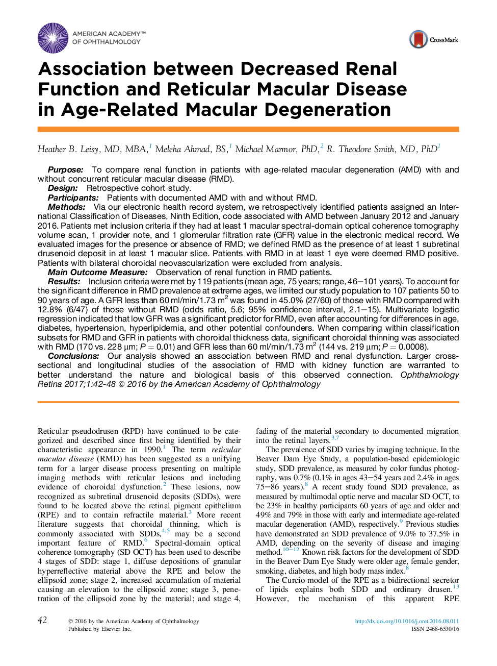 Association between Decreased Renal Function and Reticular Macular Disease in Age-Related Macular Degeneration