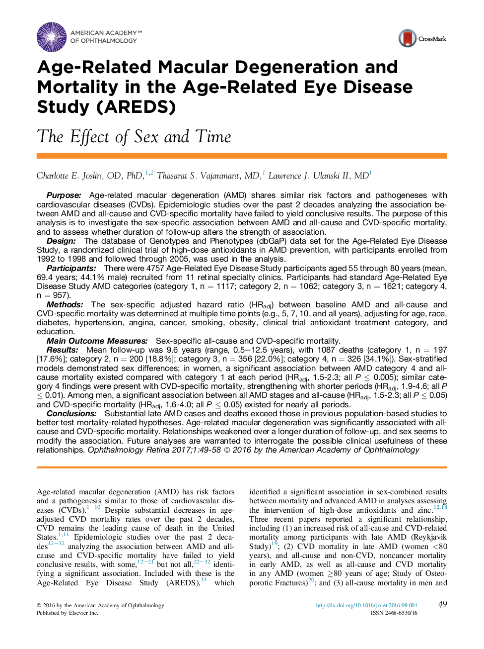 Age-Related Macular Degeneration and Mortality in the Age-Related Eye Disease Study (AREDS)