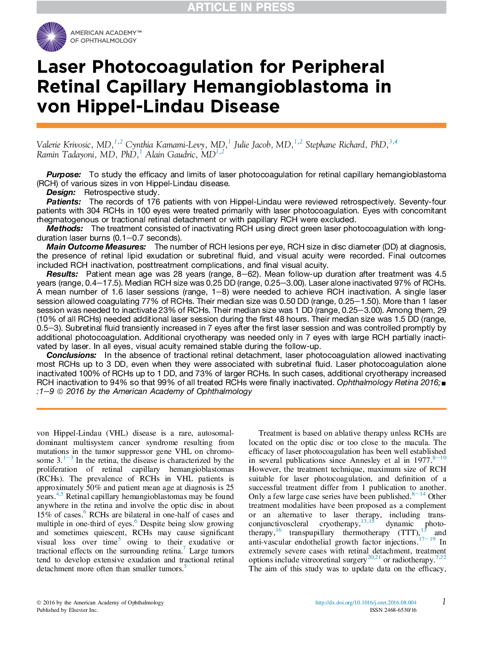 Laser Photocoagulation for Peripheral Retinal Capillary Hemangioblastoma in von Hippel-Lindau Disease