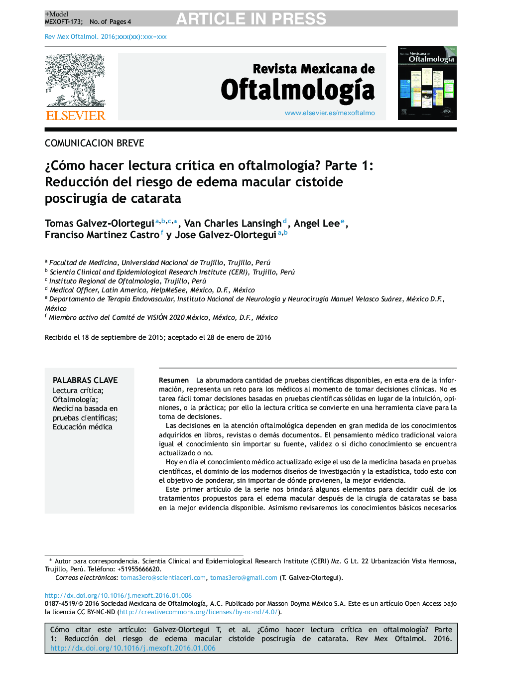 Â¿Cómo hacer lectura crÃ­tica en oftalmologÃ­a? Parte 1: Reducción del riesgo de edema macular cistoide poscirugÃ­a de catarata