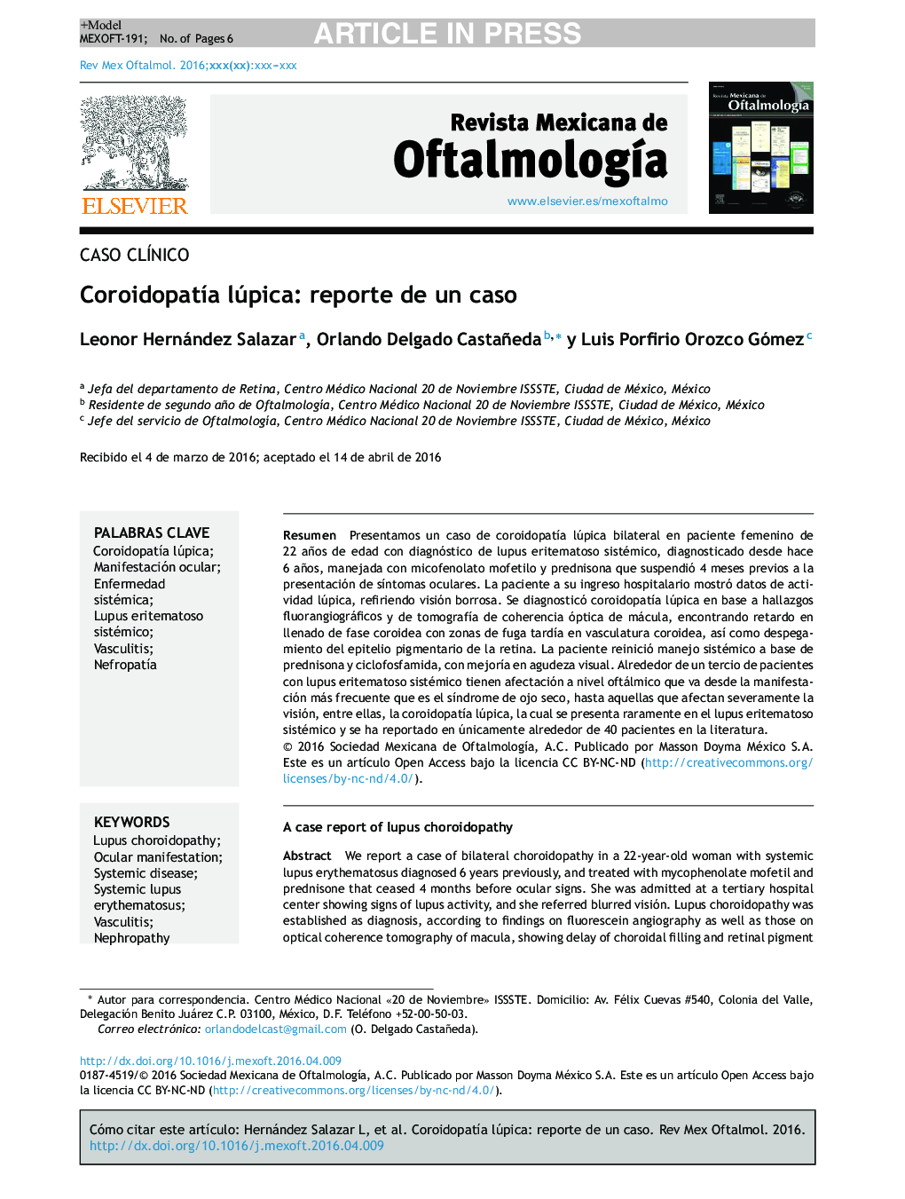 CoroidopatÃ­a lúpica: reporte de un caso