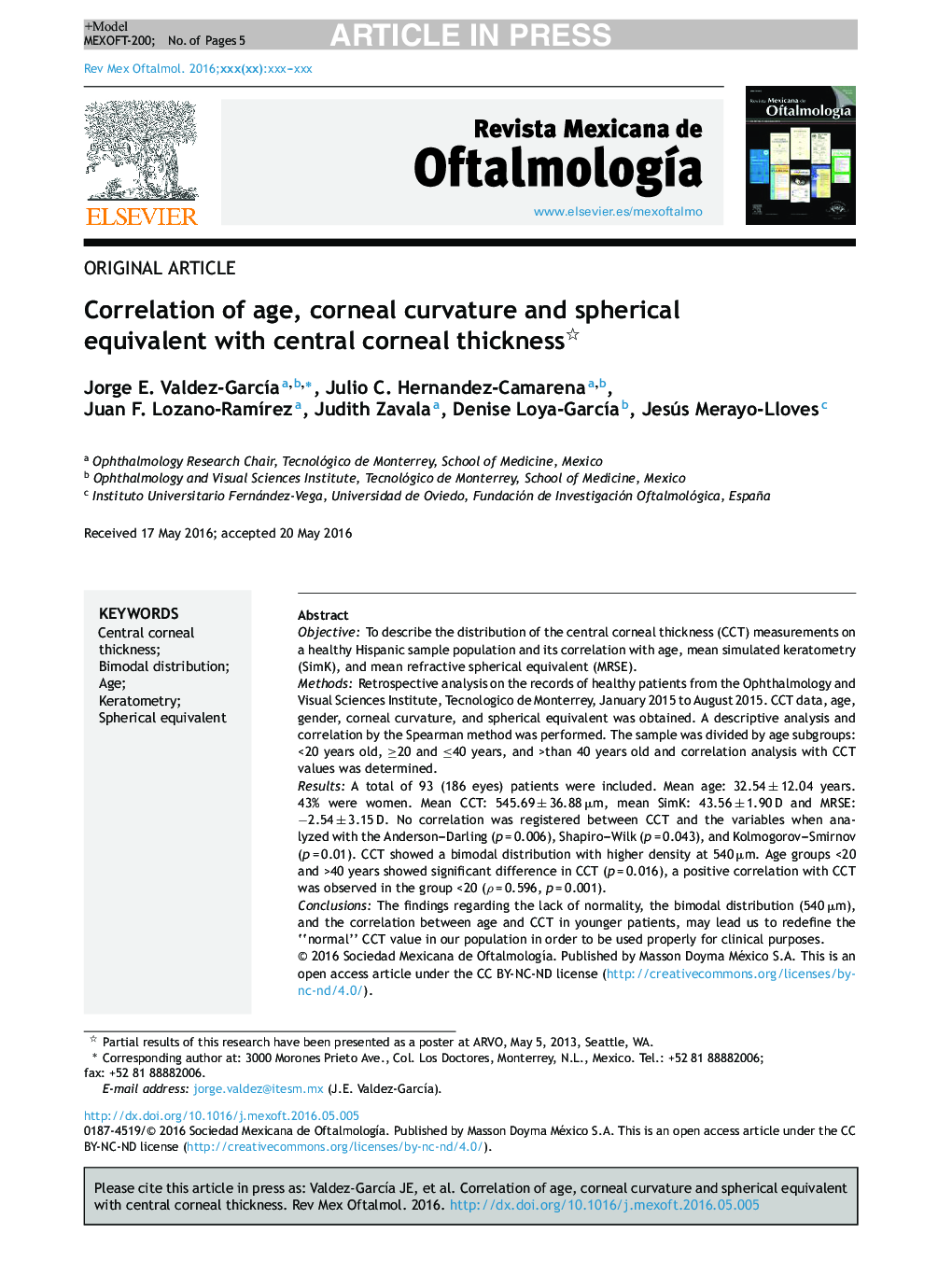 Correlation of age, corneal curvature and spherical equivalent with central corneal thickness