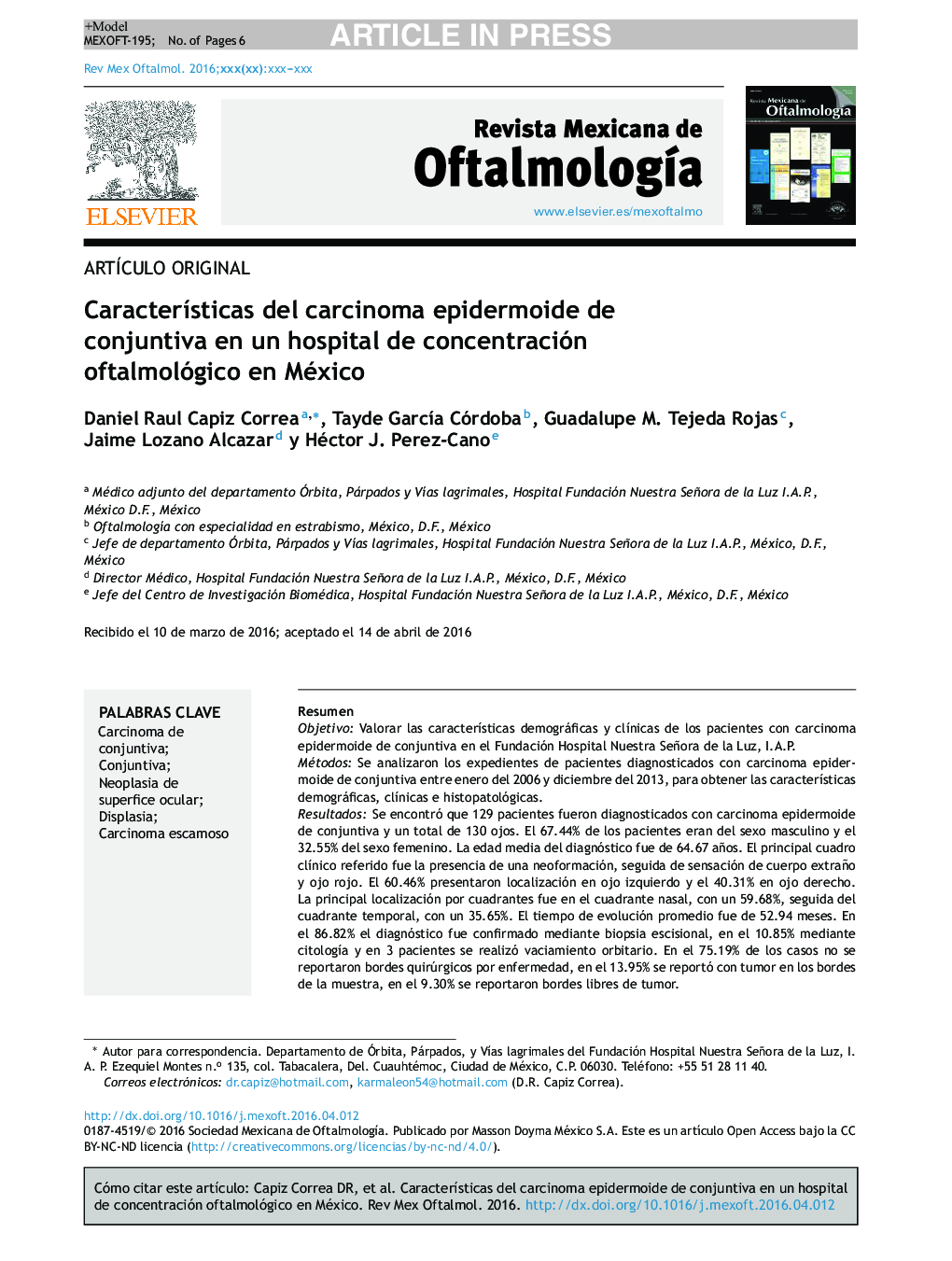 CaracterÃ­sticas del carcinoma epidermoide de conjuntiva en un hospital de concentración oftalmológico en México