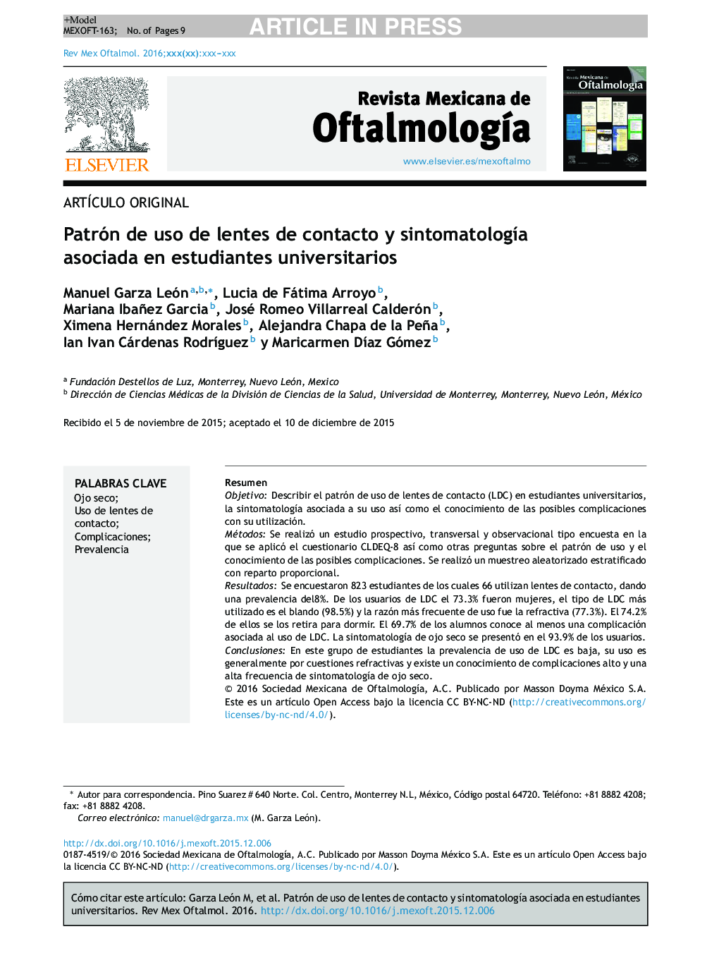 Patrón de uso de lentes de contacto y sintomatologÃ­a asociada en estudiantes universitarios