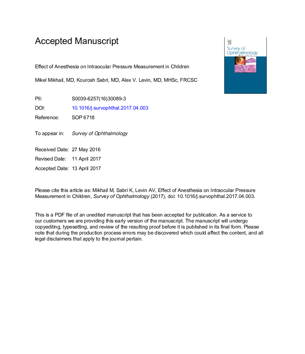 Effect of anesthesia on intraocular pressure measurement in children