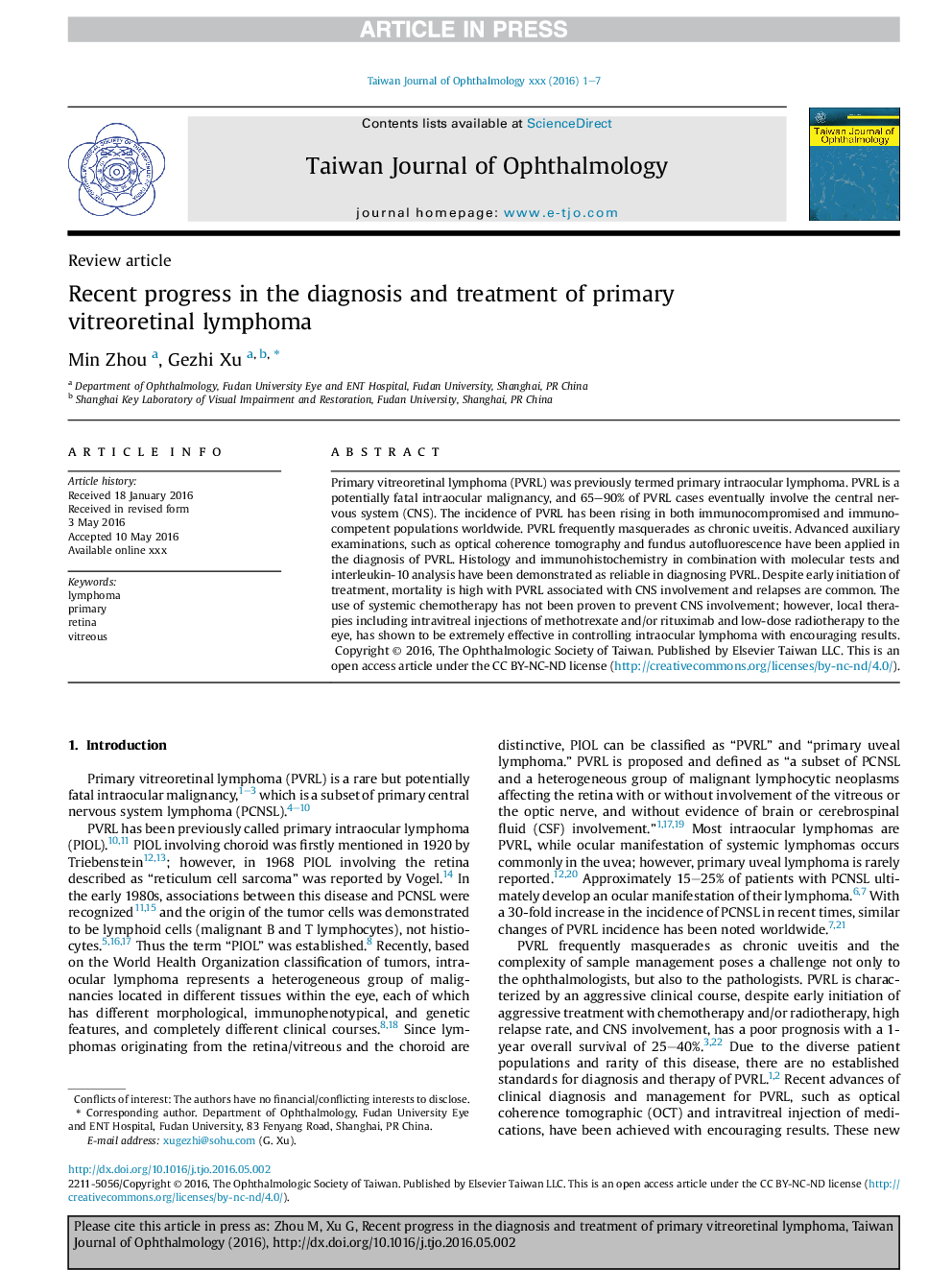 Recent progress in the diagnosis and treatment of primary vitreoretinal lymphoma