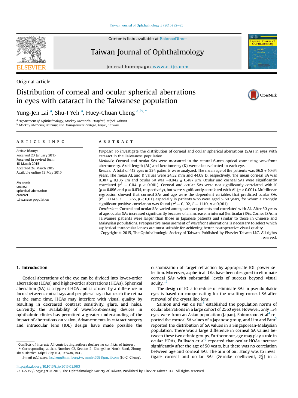 Distribution of corneal and ocular spherical aberrations in eyes with cataract in the Taiwanese population