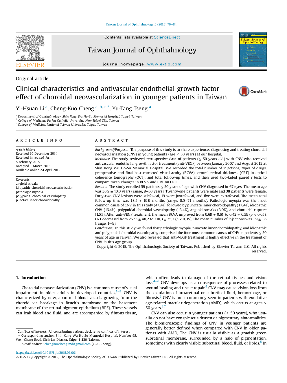 Clinical characteristics and antivascular endothelial growth factor effect of choroidal neovascularization in younger patients in Taiwan